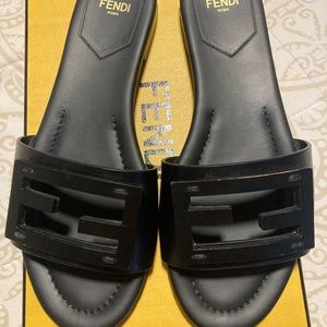 Fendi Baguette Black Leather Slides